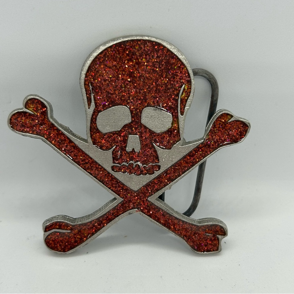 Red Glitter Skull and Crossbones Belt Buckle